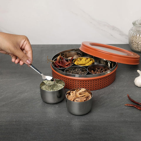 Dudki 7 in 1 Stainless Steel Masala Dabba / Spice Box Orange Rust