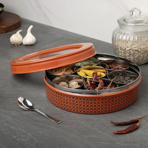 Dudki 7 in 1 Stainless Steel Masala Dabba / Spice Box Orange Rust