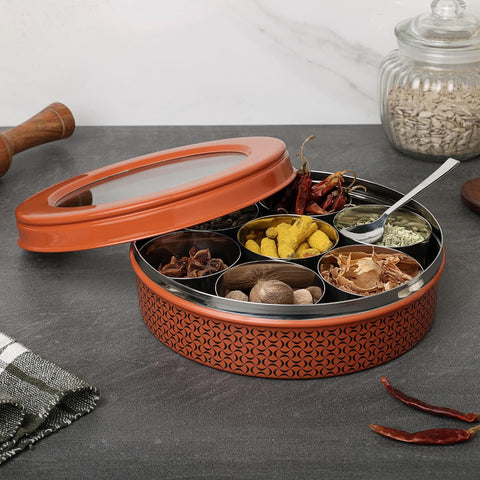 Dudki 7 in 1 Stainless Steel Masala Dabba / Spice Box Orange Rust