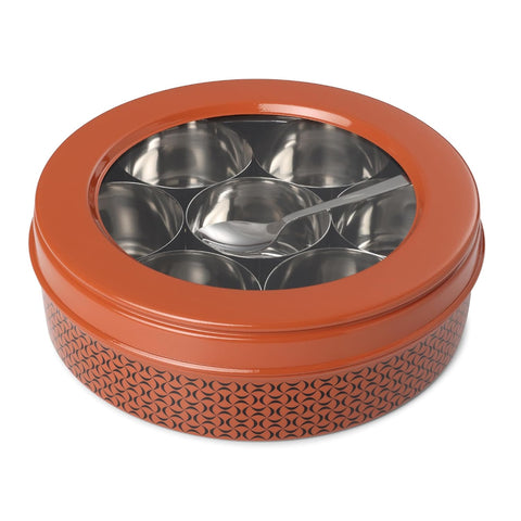 Dudki 7 in 1 Stainless Steel Masala Dabba / Spice Box Orange Rust
