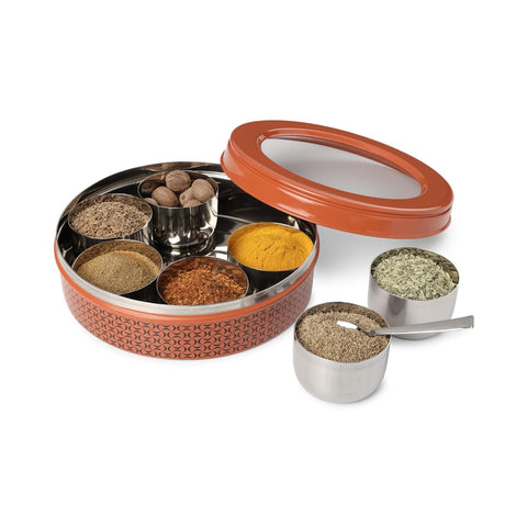 Dudki 7 in 1 Stainless Steel Masala Dabba / Spice Box Orange Rust
