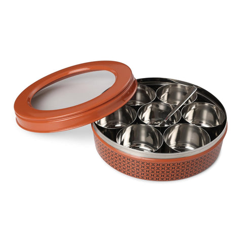 Dudki 7 in 1 Stainless Steel Masala Dabba / Spice Box Orange Rust