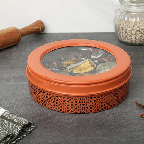 Dudki 7 in 1 Stainless Steel Masala Dabba / Spice Box Orange Rust